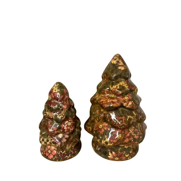 Vintage 1994 Patricia Reach Decoupage Ceramic Floral Christmas Tree Set of 2 - Picture 1 of 8